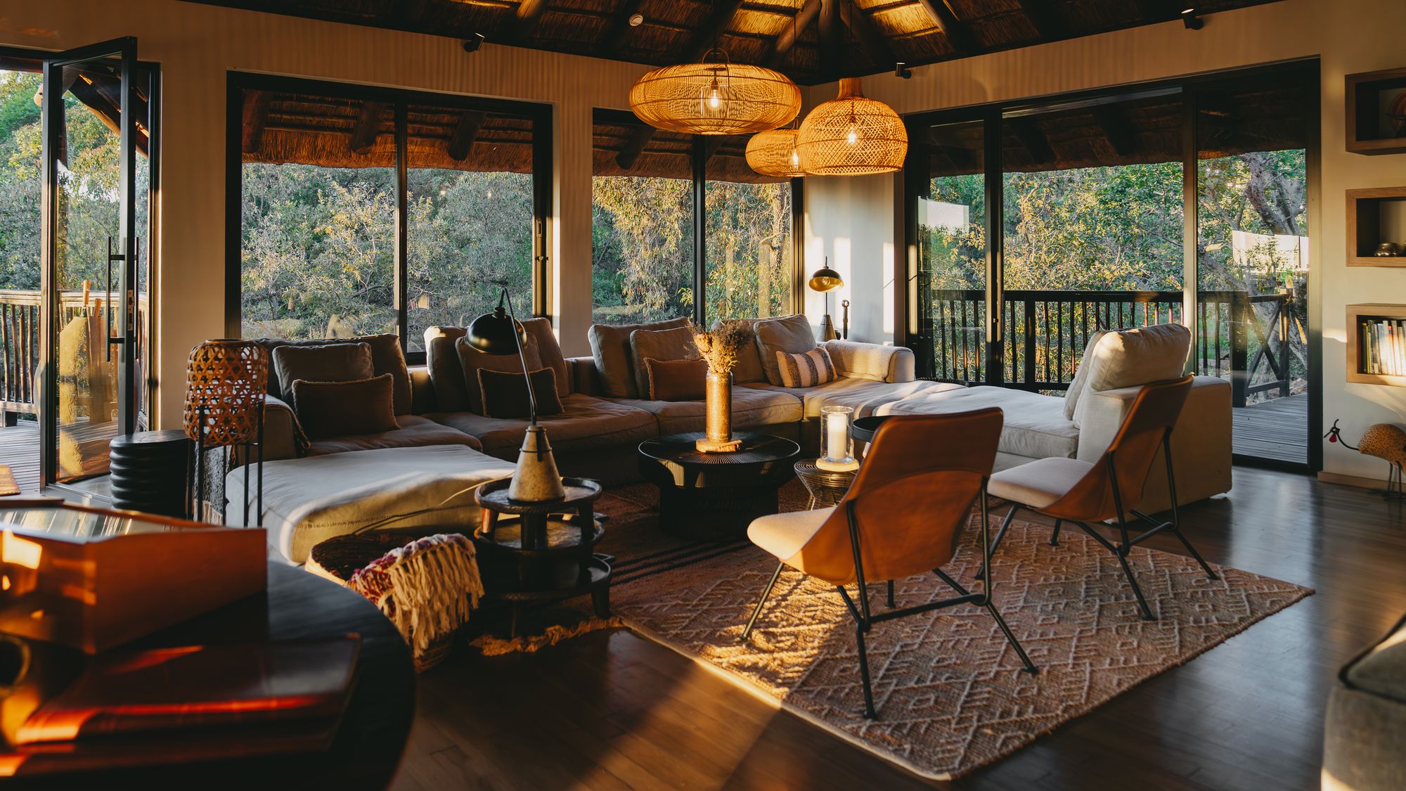 The lounge at Laluka Safari Lodge in warm afternoon light
