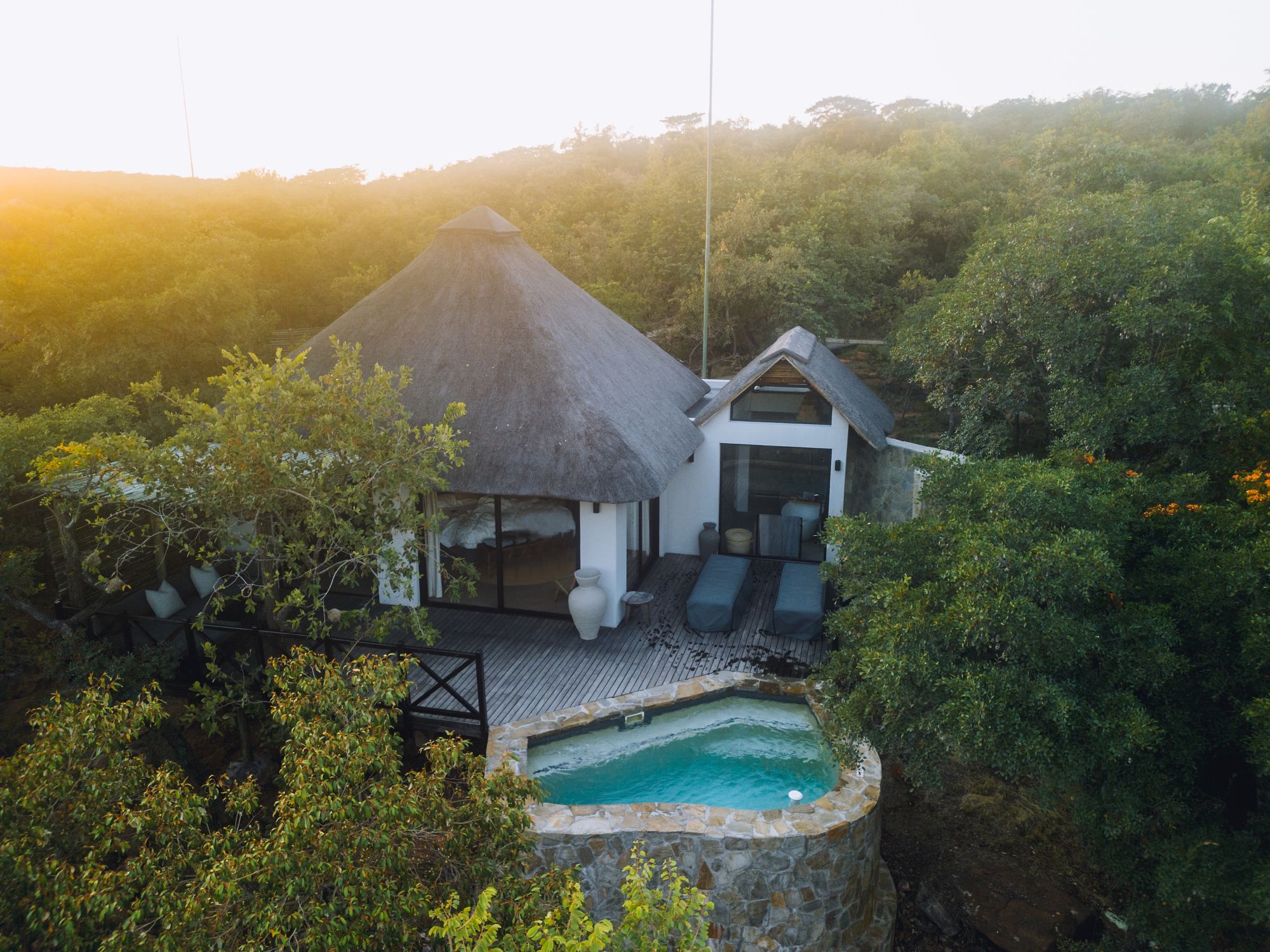 A thatched suite with private plunge pool at Laluka Safari Lodge